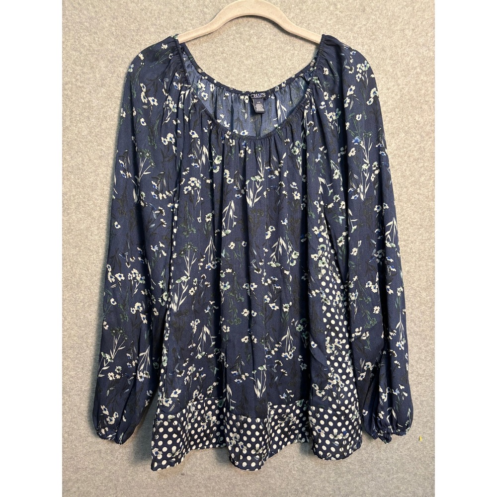 Chaps Navy Floral‎ Peasant Blouse Polka Dot Boho Cottagecore Top Large